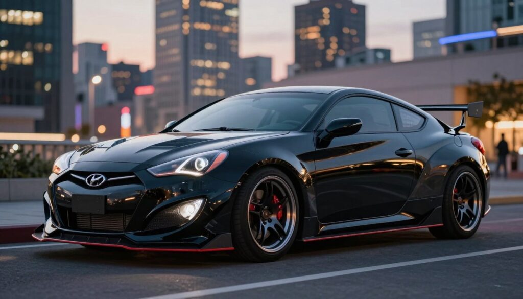 A sleek Hyundai Coupe RD2, freshly equipped with an aggressive body kit that showcases sharper lines and a dynamic silhouette, parked in an urban setting. The car is painted in a glossy black finish with accents of racing-inspired graphics that emphasize its sporty nature. The background features a vibrant cityscape at twilight, with soft bokeh lights creating a lively atmosphere. The lighting is dramatic, highlighting the contours of the vehicle and giving it a modern, JDM-inspired aesthetic. Use a low-angle shot to capture the car's profile, focusing on the new front bumper, side skirts, and rear diffuser, inviting the viewer into the world of automotive customization. The scene feels energetic, showcasing the blend of style and performance.