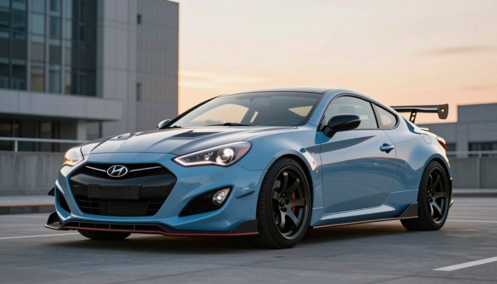 A sleek Hyundai Coupe modified with an impressive body kit, showcasing a sporty design. The car features aggressive front and rear bumpers, side skirts, and a rear spoiler for enhanced aerodynamics. The foreground captures the stunning contours and vibrant paint job, reflecting light in a polished finish. In the middle ground, the environment presents an urban backdrop with modern architecture and a soft sunset glow, adding a warm ambiance. The scene is shot from a low angle to emphasize the car's stance, with a shallow depth of field blurring the background slightly. The overall mood is dynamic and energetic, conveying a sense of style and modernity.