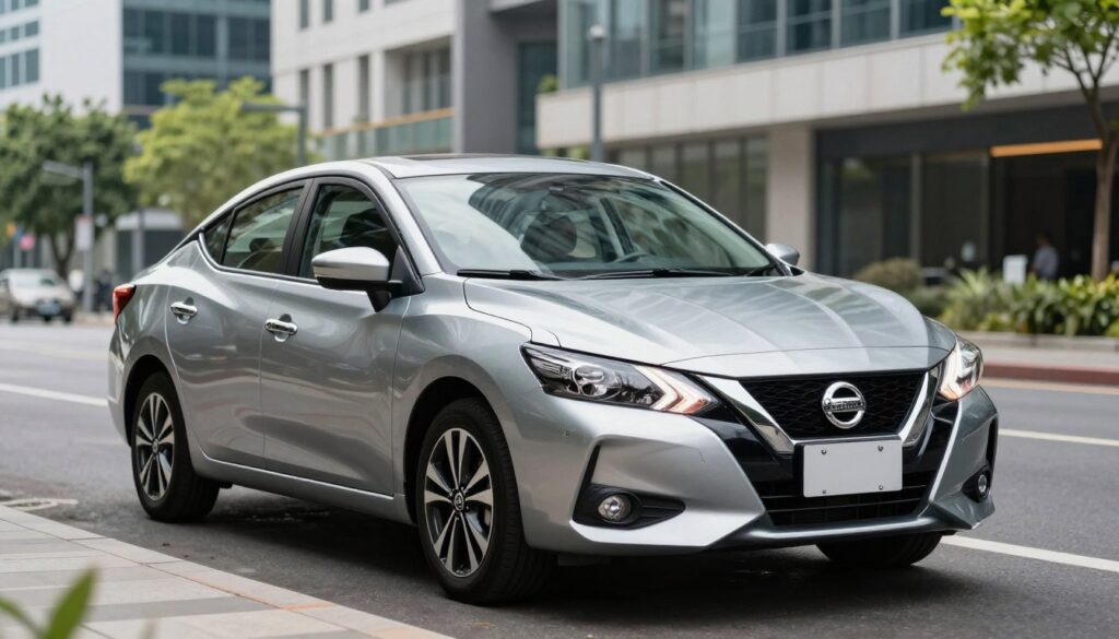 A sleek Nissan Almera parked stylishly on a modern urban street, showcasing its refined design and robust build. The image captures the car from a slightly elevated angle in the foreground, highlighting its aerodynamic lines and distinctive front grille. In the middle ground, blurred but recognizable cityscape elements like contemporary buildings and vibrant greenery create an urban backdrop, suggesting a dynamic lifestyle. Bright, natural daylight illuminates the scene, enhancing the car's metallic finish and creating soft reflections on its body. The mood should convey a sense of sophistication and practicality, appealing to individuals considering the Nissan Almera as a larger alternative to the Micra. No human subjects are present, ensuring complete focus on the vehicle.