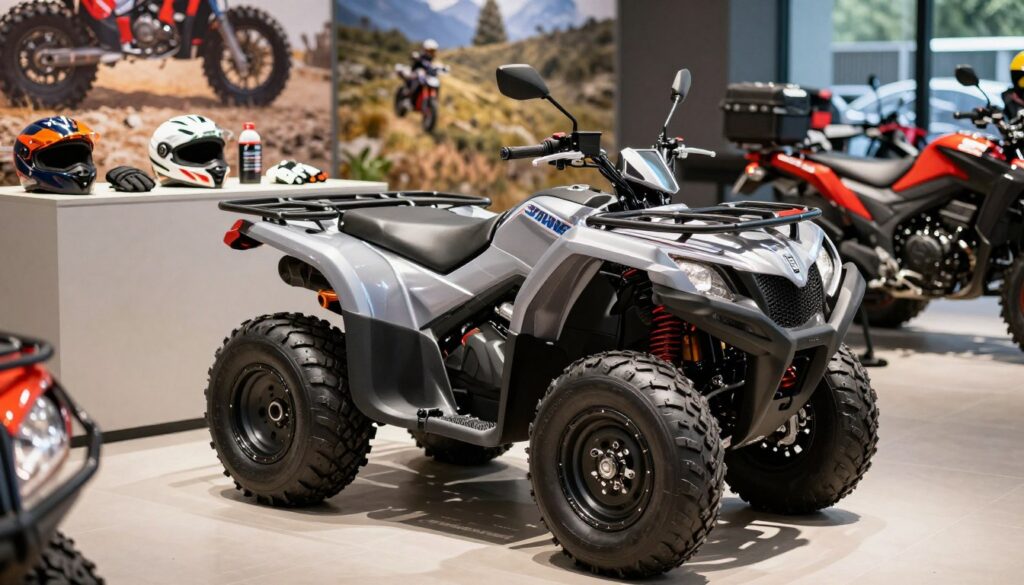 A sleek and modern Quad 125 for adults, prominently displayed in a well-lit showroom environment. In the foreground, the quad features polished metallic surfaces and vibrant colors, showcasing its sporty design with attention to detail, such as the ergonomic seat and stylish wheels. The middle ground includes a few essential accessories and safety gear, like a helmet and riding gloves, arranged aesthetically. The background features blurred images of various quads and off-road landscapes, hinting at versatility and adventure. The lighting is bright and inviting, with a slight spotlight effect on the quad, creating an atmosphere of excitement and readiness for exploration. The overall mood conveys enthusiasm for outdoor activities and everyday practicality.