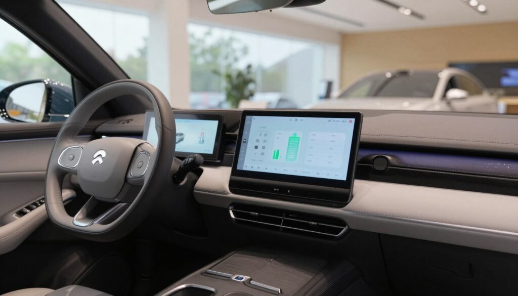 A sleek hybrid car parked in a well-lit modern showroom, showcasing its high-tech dashboard with a clear display highlighting the battery level. The foreground shows the car's stylish front with smooth curves, while the middle ground captures the digital interface showing charging status and energy efficiency readings. In the background, blurred outlines of other vehicles and showroom lighting create a professional ambiance, emphasizing technology and innovation. The scene conveys excitement and anticipation, with soft natural lighting filtering through large windows, casting gentle reflections on the polished floor. This image should highlight the sophistication of hybrid vehicles and their battery readiness, encapsulating a sense of modern automotive advancement.