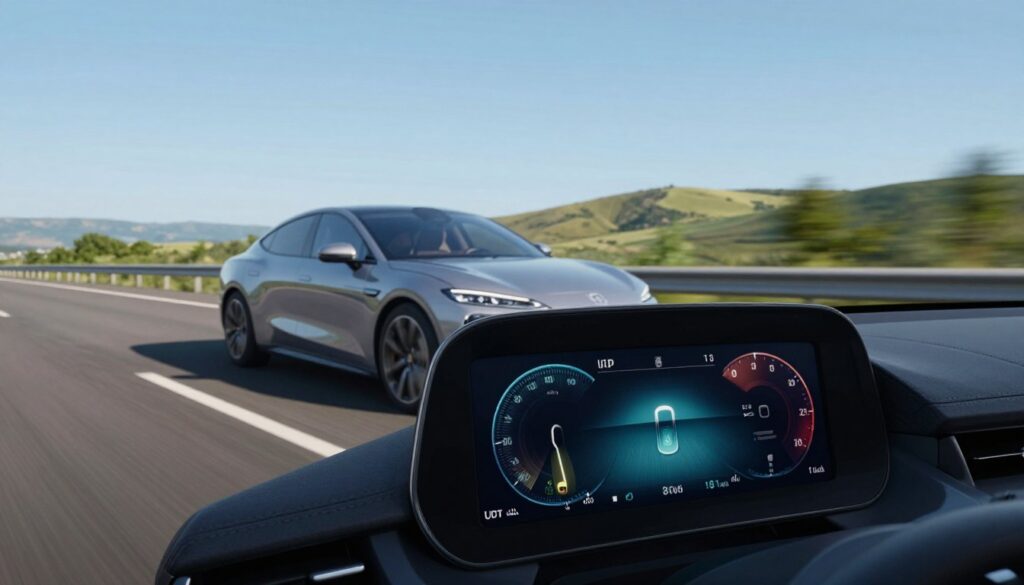 A sleek, modern car is demonstrated driving along a picturesque highway under a clear blue sky, with a focus on its efficient fuel consumption. In the foreground, a digital dashboard displays real-time fuel efficiency metrics, glowing softly in a vibrant color palette. The middle ground features the car in motion, showcasing its aerodynamic shape and polished exterior. In the background, gently rolling hills and lush greenery hint at a typical driving landscape. The lighting is bright yet soft, suggesting midday. Capture the sense of innovation and performance in the atmosphere, reflecting the theme of enhanced fuel efficiency through chip tuning. The angle is slightly low, emphasizing the car's performance as it navigates the curves of the road. A sleek, modern car is demonstrated driving along a picturesque highway under a clear blue sky, with a focus on its efficient fuel consumption. In the foreground, a digital dashboard displays real-time fuel efficiency metrics, glowing softly in a vibrant color palette. The middle ground features the car in motion, showcasing its aerodynamic shape and polished exterior. In the background, gently rolling hills and lush greenery hint at a typical driving landscape. The lighting is bright yet soft, suggesting midday. Capture the sense of innovation and performance in the atmosphere, reflecting the theme of enhanced fuel efficiency through chip tuning. The angle is slightly low, emphasizing the car's performance as it navigates the curves of the road.