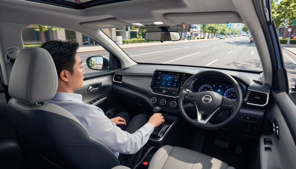 A spacious interior of a modern Nissan vehicle, showcasing the difference in legroom and headroom compared to a smaller car like the Micra. In the foreground, a person in professional attire sits comfortably in the driver's seat, displaying ease of movement while reaching for controls. The middle ground features a view through the windshield, highlighting excellent visibility with a clean dashboard layout. The background reveals an urban street with clear lines and well-marked lanes, emphasizing the vehicle’s maneuverability in a city environment. The lighting is bright and natural, suggesting a sunny day, enhancing the overall inviting atmosphere. The angle is slightly elevated, providing a comprehensive view of both the interior and the road ahead.
