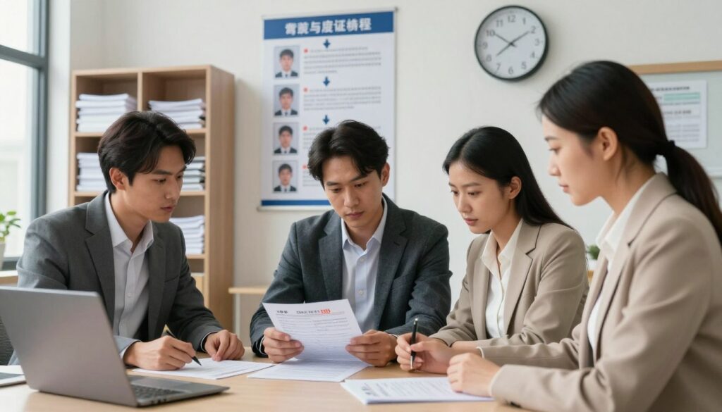 A step-by-step guide scene illustrating the process of recovering a driver's license, set in a well-lit, modern office environment. In the foreground, a diverse group of three adults – one man and two women – are gathered around a table, reviewing documents. They are dressed in professional business attire, focused and engaged with each other. In the middle ground, a large poster on the wall visually outlines the recovery steps, featuring images and bullet points that highlight each phase. The background includes shelves filled with organized paperwork, a clock showing the passing time, and a window with natural light streaming in, adding warmth to the atmosphere. The overall mood is one of determination and professionalism, showcasing teamwork and diligence in navigating the driver's license recovery procedure.