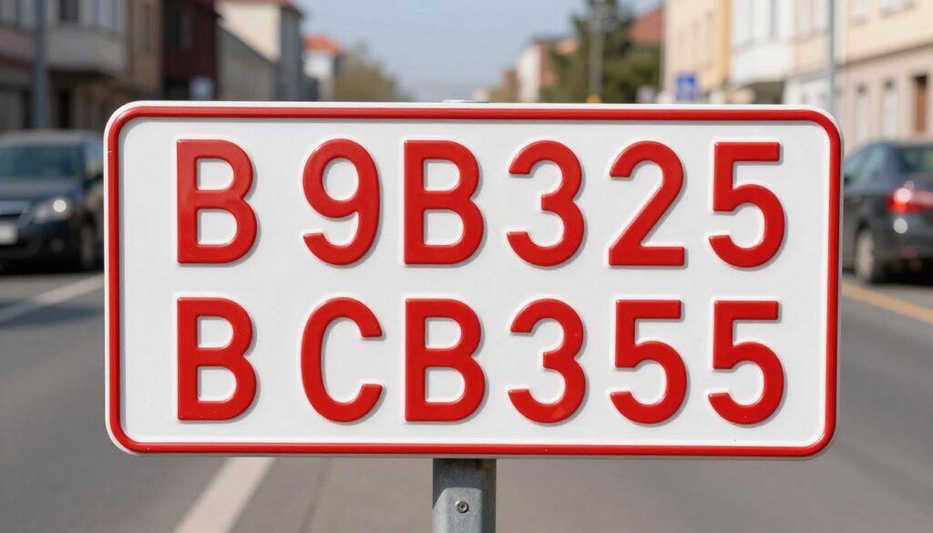 A temporary license plate in Poland with a white background and vivid red markings, prominently displaying registration numbers. The license plate should be the central focus, positioned in the foreground against a soft-focus urban backdrop, such as a road with parked cars and faint buildings. The lighting is bright and natural, suggesting a sunny day, enhancing the contrast of the red text against the white background. Capture the plate at a slight angle to showcase its details while maintaining a professional and informative atmosphere. The overall mood is clear, direct, and educational, serving as an illustrative representation for the section on temporary license plates. A temporary license plate in Poland with a white background and vivid red markings, prominently displaying registration numbers. The license plate should be the central focus, positioned in the foreground against a soft-focus urban backdrop, such as a road with parked cars and faint buildings. The lighting is bright and natural, suggesting a sunny day, enhancing the contrast of the red text against the white background. Capture the plate at a slight angle to showcase its details while maintaining a professional and informative atmosphere. The overall mood is clear, direct, and educational, serving as an illustrative representation for the section on temporary license plates.