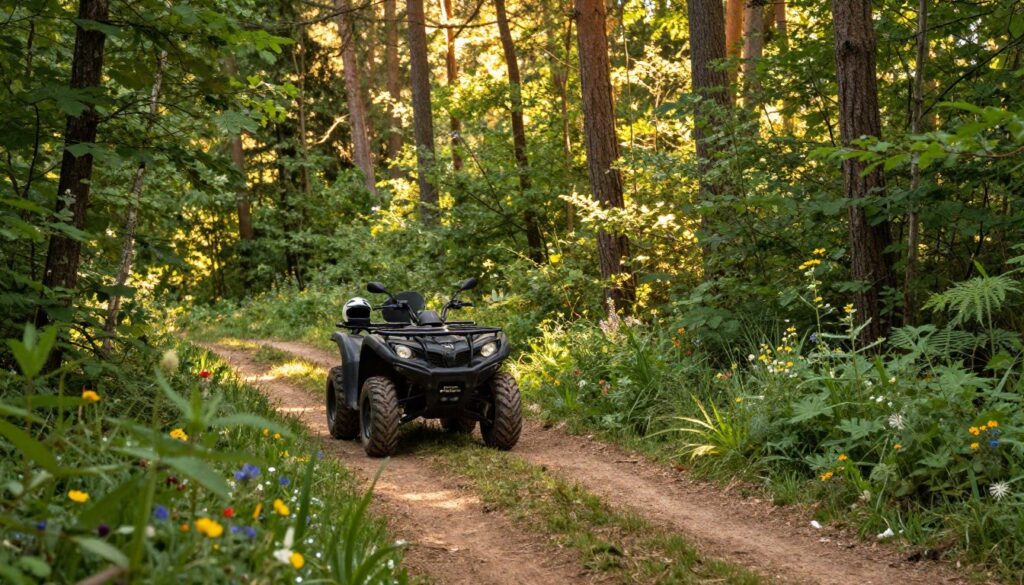 A tranquil forest scene showcasing a designated public path for quad bikes, also known as "drogach publicznych". In the foreground, clear dirt trails emerge, flanked by lush green vegetation and colorful wildflowers, inviting safe passage. In the middle, a quad bike parked with a helmet resting on the seat, symbolizing responsible riding. The background features tall, majestic trees filtering soft, golden sunlight through their leaves, creating a warm and welcoming atmosphere. The overall mood is serene and peaceful, emphasizing the beauty of nature while hinting at adventure. The scene is captured from a slight angle, allowing for depth, with a focus on sunlight playing through the foliage, highlighting the path.