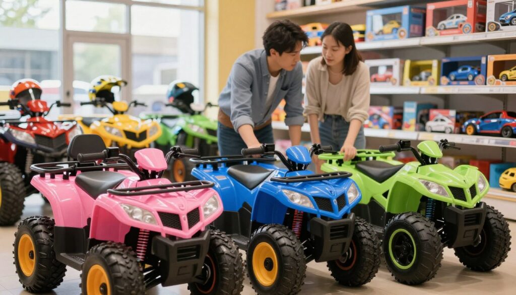A vibrant scene in a toy store showcasing electric quad bikes for children. In the foreground, a colorful selection of quad bikes in pink, blue, and green, each with safety features like sturdy frames and helmets. The middle section features a parent inspecting a quad, appearing engaged and knowledgeable, dressed in casual but professional attire. The background shows shelves filled with various other children's toys, enhancing the shopping atmosphere. Soft, natural lighting filters in through large windows, casting a warm glow on the scene. The overall mood is cheerful and inviting, emphasizing safety and durability for children's outdoor fun.