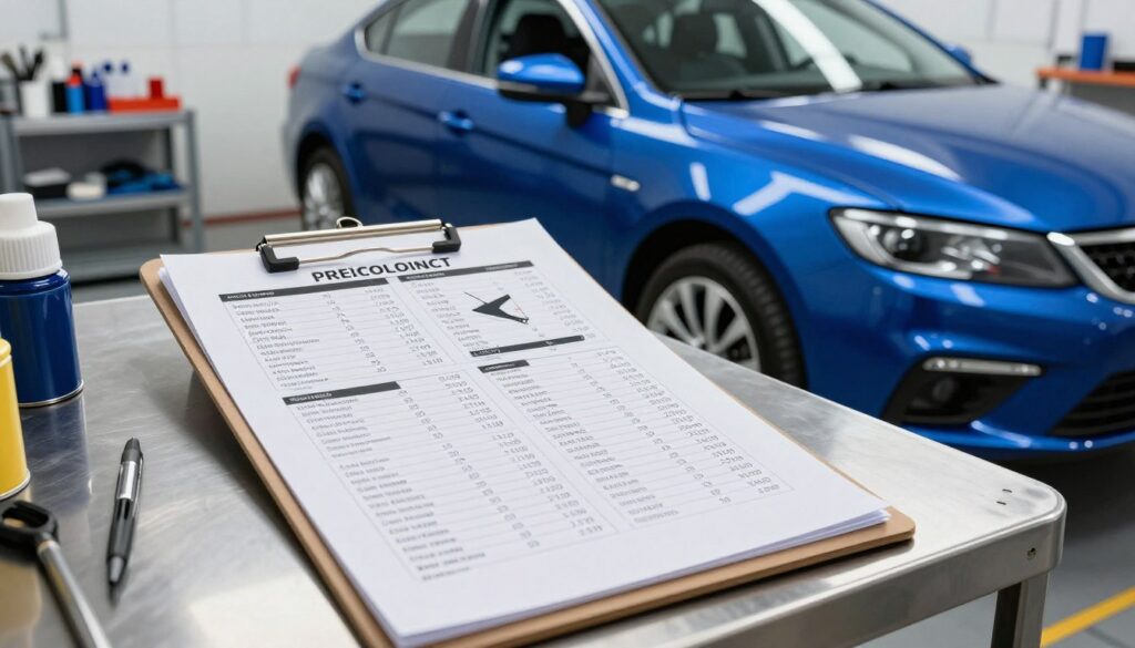A visually appealing scene showcasing a detailed and organized display of individual car painting price lists. In the foreground, a professional-looking clipboard rests on a sleek metal table, displaying clear graphs and itemized costs of painting various car parts, like doors, hoods, and bumpers. In the middle, a glossy blue car partially reveals its freshly painted side, emphasizing the quality of the work. The background features a well-lit auto body shop with tools and paint cans neatly arranged, suggesting a lively yet organized atmosphere. The lighting is bright and focused, creating an inviting and professional mood. Capture this composition with a slight angle to highlight both the clipboard and the car, ensuring clarity and focus on the price list elements.
