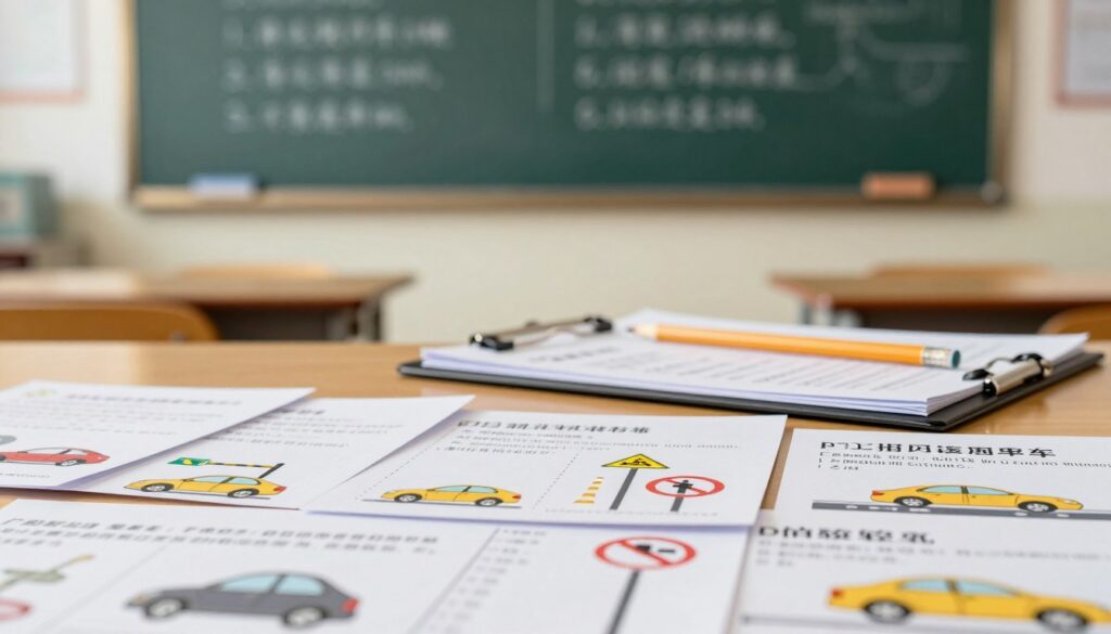 A visually engaging scene depicting a theoretical driving exam, showcasing a variety of test questions. In the foreground, an assortment of question cards, each with a unique driving-related illustration, such as road signs and safety rules. In the middle ground, a pencil and a clipboard, suggesting an active exam environment. The background features a softly blurred classroom setting, with a chalkboard displaying key driving concepts and muted tones that evoke focus and seriousness. The lighting is bright yet warm, creating an inviting atmosphere. The overall mood conveys concentration and diligence, reflecting the importance of passing the theoretical test for driving. The composition is balanced, focusing on both the details of the questions and the exam context. A visually engaging scene depicting a theoretical driving exam, showcasing a variety of test questions. In the foreground, an assortment of question cards, each with a unique driving-related illustration, such as road signs and safety rules. In the middle ground, a pencil and a clipboard, suggesting an active exam environment. The background features a softly blurred classroom setting, with a chalkboard displaying key driving concepts and muted tones that evoke focus and seriousness. The lighting is bright yet warm, creating an inviting atmosphere. The overall mood conveys concentration and diligence, reflecting the importance of passing the theoretical test for driving. The composition is balanced, focusing on both the details of the questions and the exam context.