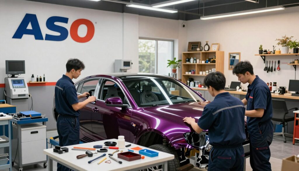 A vividly detailed automotive workshop scene showcasing both a professional auto service organization (ASO) and an independent body shop. In the foreground, technicians in smart work uniforms are carefully examining a partially painted car while discussing techniques, with tools spread out on a clean workbench. The middle layer features a shiny, freshly painted vehicle with rich color reflections, highlighting the craftsmanship of both painting methods. In the background, two contrasting sides of the workshop can be seen: one side representing a corporate ASO with modern equipment and colorful branding, while the other showcases a cozy, personalized independent shop filled with character and warmth. Natural light filters through high windows, creating an inviting atmosphere. The overall mood is professional and collaborative, emphasizing quality workmanship.