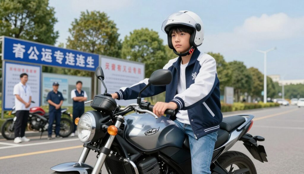 A young, confident 16-year-old standing beside a sleek 125cc motorcycle, wearing a protective helmet and casual but smart attire, such as a well-fitted jacket and jeans. The foreground features the rider gently touching the bike, indicating readiness for the road. In the middle ground, a backdrop of a driving school with friendly instructors and encouraging signage about age requirements and parental consent adds context. The background showcases a clear blue sky and trees lining the street, suggesting an inviting outdoor environment for learning to ride. Soft, natural lighting enhances the scene, creating a cheerful and motivational atmosphere, capturing the excitement of youth and the responsibility of preparing for a motorcycle license. The image should focus on the candidate's determination and enthusiasm for achieving their goals.