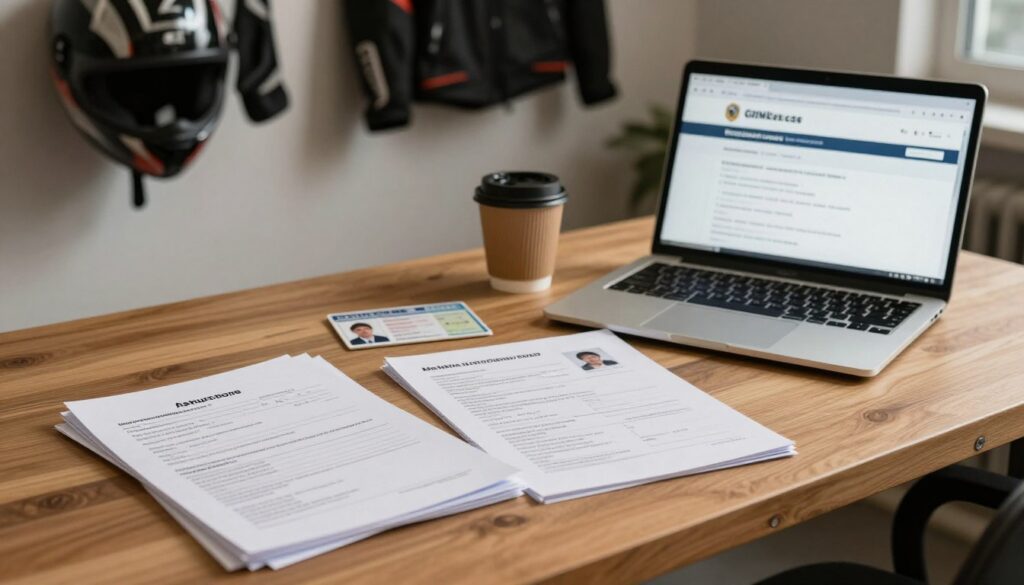 An organized desk filled with essential documents for a motorcycle driving course. In the foreground, neatly stacked papers including an application form, medical examination results, and a driving record are visible, surrounded by an official identification photo with a neutral background. The middle ground features a laptop open to a government website about motorcycle licenses, with a coffee cup beside it. In the background, a soft-focus image of a helmet and motorcycle gear hangs on the wall to reinforce the theme. The lighting is warm and inviting, casting soft shadows, creating a calm and focused atmosphere. The composition should be captured from a slightly elevated angle, emphasizing the orderly layout of the documents and the workspace, conveying professionalism and preparedness.