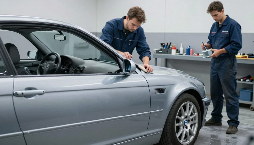A BMW E46, partially disassembled and in the process of preparation for painting, occupies the foreground. The car's sleek lines and sporty body kit are highlighted, showcasing the intricate details of its design. In the middle ground, a mechanic in a professional jumpsuit meticulously sands the car's surface to smooth out imperfections, while another technician prepares paint equipment with a focused expression. The background features a well-lit automotive workshop, with painted walls and organized tools, reflecting an atmosphere of careful craftsmanship and professionalism. The scene is illuminated with soft, diffused lighting, emphasizing the texture of the car's surface and creating a dynamic yet focused mood, ideal for automotive enthusiasts. A BMW E46, partially disassembled and in the process of preparation for painting, occupies the foreground. The car's sleek lines and sporty body kit are highlighted, showcasing the intricate details of its design. In the middle ground, a mechanic in a professional jumpsuit meticulously sands the car's surface to smooth out imperfections, while another technician prepares paint equipment with a focused expression. The background features a well-lit automotive workshop, with painted walls and organized tools, reflecting an atmosphere of careful craftsmanship and professionalism. The scene is illuminated with soft, diffused lighting, emphasizing the texture of the car's surface and creating a dynamic yet focused mood, ideal for automotive enthusiasts.
