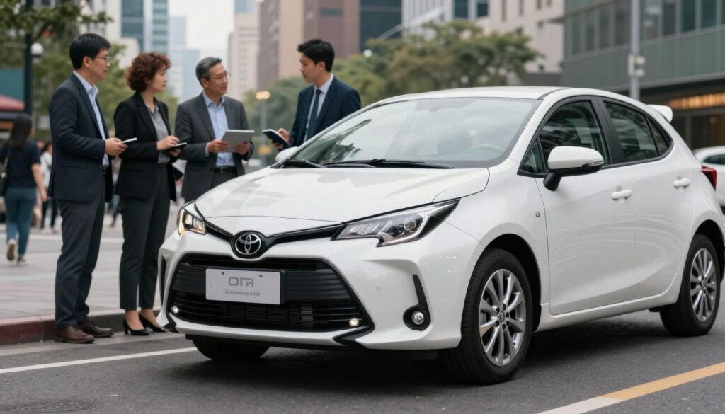 A Toyota Yaris Hybrid parked on a bustling city street, highlighting its active and passive safety features. In the foreground, the car’s sleek and modern design is prominently displayed with focus on the headlights and safety sensors. In the middle ground, a diverse group of professional individuals, dressed in business attire, observe the vehicle, discussing its safety technology. The background features blurred city elements—skyscrapers and pedestrians—conveying a vibrant urban atmosphere. Soft, natural lighting illuminates the scene, creating a sense of calm and trustworthiness. The angle is slightly low, emphasizing the car's stature and modernity, while the overall mood reflects confidence and reliability associated with city driving. A Toyota Yaris Hybrid parked on a bustling city street, highlighting its active and passive safety features. In the foreground, the car’s sleek and modern design is prominently displayed with focus on the headlights and safety sensors. In the middle ground, a diverse group of professional individuals, dressed in business attire, observe the vehicle, discussing its safety technology. The background features blurred city elements—skyscrapers and pedestrians—conveying a vibrant urban atmosphere. Soft, natural lighting illuminates the scene, creating a sense of calm and trustworthiness. The angle is slightly low, emphasizing the car's stature and modernity, while the overall mood reflects confidence and reliability associated with city driving.