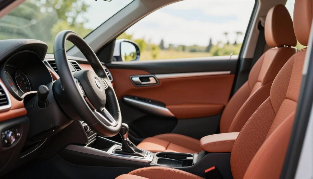 A bright and inviting car interior, freshly cleaned and organized, focusing on the driver's cabin. The foreground shows a polished steering wheel and shiny gear shift, reflecting soft sunlight streaming through a window. In the middle, neatly arranged dashboard controls and upholstery offers a sense of spaciousness, emphasizing vibrant fabrics and well-maintained surfaces. The background features an open car door revealing a picturesque outdoor scene, enhanced by green foliage and bright skies. The image has a warm, welcoming atmosphere, evoking feelings of comfort and cleanliness. Soft natural lighting creates gentle shadows, captured from a slightly elevated angle, reminiscent of a magazine editorial.