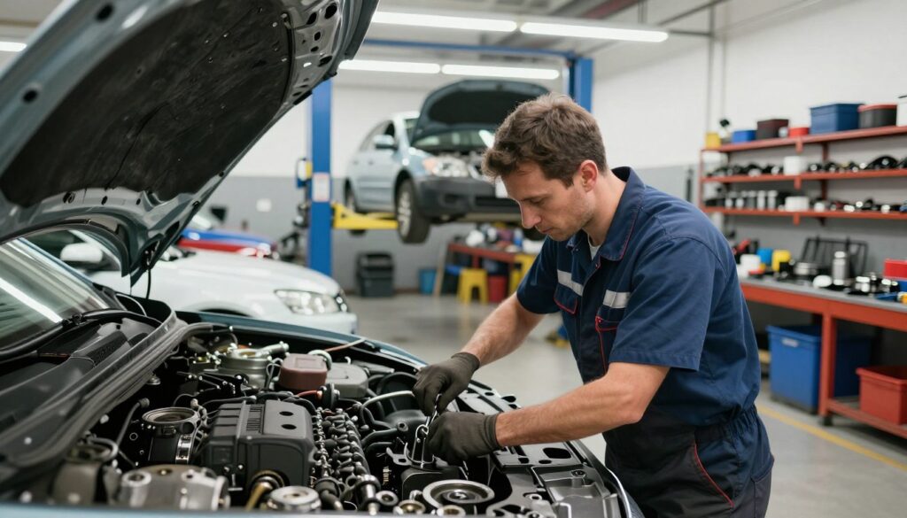 A busy automotive workshop interior, showcasing a mechanic in professional attire working on a car engine. In the foreground, the mechanic, a mid-30s Caucasian male, uses tools with focused determination, surrounded by automotive parts scattered around. The middle ground features various vehicles on elevated lifts, exposing their undercarriages. Bright fluorescent lights illuminate the scene, casting a clean and bright atmosphere. In the background, shelves stocked with tools and equipment reflect an organized chaos typical of a workshop. Capture this scene from a slightly elevated angle to provide depth while emphasizing the intricate details of the mechanic's work environment. The mood is industrious and focused, embodying the precision and dedication required in automotive repair. A busy automotive workshop interior, showcasing a mechanic in professional attire working on a car engine. In the foreground, the mechanic, a mid-30s Caucasian male, uses tools with focused determination, surrounded by automotive parts scattered around. The middle ground features various vehicles on elevated lifts, exposing their undercarriages. Bright fluorescent lights illuminate the scene, casting a clean and bright atmosphere. In the background, shelves stocked with tools and equipment reflect an organized chaos typical of a workshop. Capture this scene from a slightly elevated angle to provide depth while emphasizing the intricate details of the mechanic's work environment. The mood is industrious and focused, embodying the precision and dedication required in automotive repair.