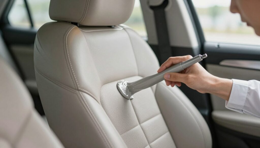 A close-up image focused on a professional applying liquid leather to a car seat upholstery with visible repair areas. The foreground features the hand of a person in a neatly pressed shirt, skillfully spreading the liquid leather into the gaps and imperfections of the fabric. In the middle ground, the textured surface of the upholstery is detailed, showcasing variations in color and texture that highlight the restoration process. The background displays a softly blurred interior of a car, emphasizing a clean and inviting atmosphere with natural lighting filtering through windows, casting gentle shadows. The overall mood is one of craftsmanship and attention to detail, suggesting a fresh, rejuvenated aesthetic for the vehicle's interior. A close-up image focused on a professional applying liquid leather to a car seat upholstery with visible repair areas. The foreground features the hand of a person in a neatly pressed shirt, skillfully spreading the liquid leather into the gaps and imperfections of the fabric. In the middle ground, the textured surface of the upholstery is detailed, showcasing variations in color and texture that highlight the restoration process. The background displays a softly blurred interior of a car, emphasizing a clean and inviting atmosphere with natural lighting filtering through windows, casting gentle shadows. The overall mood is one of craftsmanship and attention to detail, suggesting a fresh, rejuvenated aesthetic for the vehicle's interior.