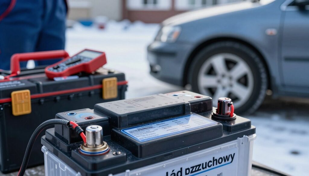 A close-up image of a car battery displaying detailed technical specifications, focusing on the concept of "prąd rozruchowy" (cold cranking amps). The foreground features an illuminated battery with visible labels indicating its capacity and cold cranking amps, emphasizing the importance of starting power in challenging conditions. In the middle ground, a toolbox and multimeter are partially visible, suggesting a mechanic’s workspace. The background shows an outdoor setting with a car struggling to start in freezing weather, conveying an atmosphere of winter challenges. The overall lighting is bright yet slightly cold, with a hint of blue tones to enhance the wintry feel. The angle captures both the battery and the car, creating a sense of urgency and focus on automotive reliability.
