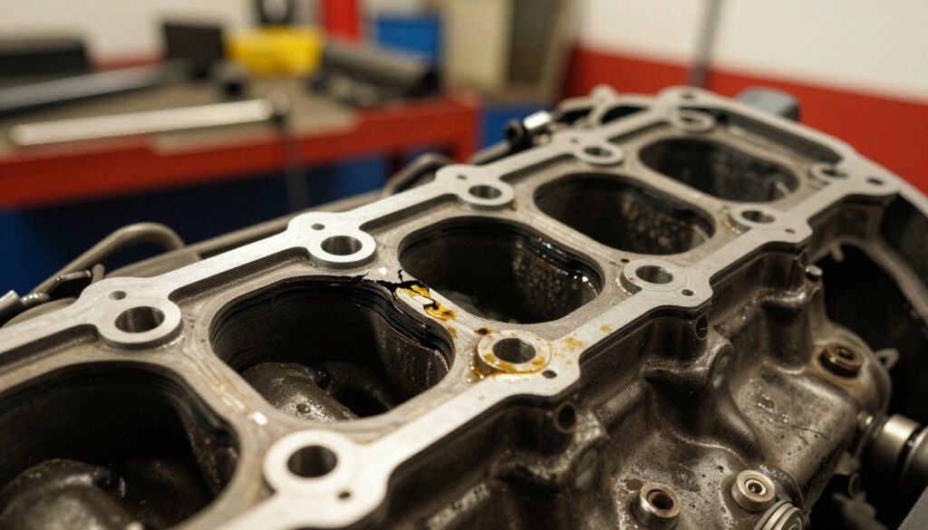 A close-up image of a damaged engine gasket, showcasing cracks and wear. The background features a blurred automotive workshop with tools and equipment, capturing an industrial atmosphere. The foreground highlights the gasket with details like oil stains and rubber degradation, bathed in warm, diffuse lighting to emphasize textures. The shot is taken at a slightly angled overhead view, providing depth and focus on the damage. The mood conveys urgency and concern, illustrating the potential engine risks associated with a compromised gasket. No text or any additional elements should be present, ensuring the image stands alone in conveying the seriousness of the issue. A close-up image of a damaged engine gasket, showcasing cracks and wear. The background features a blurred automotive workshop with tools and equipment, capturing an industrial atmosphere. The foreground highlights the gasket with details like oil stains and rubber degradation, bathed in warm, diffuse lighting to emphasize textures. The shot is taken at a slightly angled overhead view, providing depth and focus on the damage. The mood conveys urgency and concern, illustrating the potential engine risks associated with a compromised gasket. No text or any additional elements should be present, ensuring the image stands alone in conveying the seriousness of the issue.