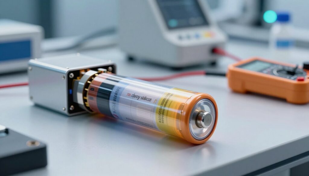 A close-up image of a modern lithium-ion battery, showcasing its intricate design and technology. The foreground features a transparent section of the battery, highlighting the advanced internal components like the electrodes and electrolyte. In the middle, there's a sleek, metallic casing with engineers' tools (e.g., a multimeter) placed aside to emphasize the testing aspect. The background offers a blurred laboratory setting, filled with high-tech equipment and a subtle glow from LED lights, creating an innovative atmosphere. The lighting is bright yet soft, focusing on the battery to accentuate details while casting gentle shadows. The overall mood is professional and cutting-edge, ideal for illustrating modern battery technology. A close-up image of a modern lithium-ion battery, showcasing its intricate design and technology. The foreground features a transparent section of the battery, highlighting the advanced internal components like the electrodes and electrolyte. In the middle, there's a sleek, metallic casing with engineers' tools (e.g., a multimeter) placed aside to emphasize the testing aspect. The background offers a blurred laboratory setting, filled with high-tech equipment and a subtle glow from LED lights, creating an innovative atmosphere. The lighting is bright yet soft, focusing on the battery to accentuate details while casting gentle shadows. The overall mood is professional and cutting-edge, ideal for illustrating modern battery technology.