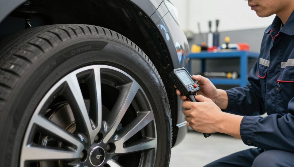 A close-up image showcasing a tire and wheel assembly, focusing on the intricate details of tire tread and rim design. The foreground features a sleek, modern wheel with a bold tread pattern that emphasizes safety and performance. In the middle, a mechanic is seen carefully inspecting the tire, dressed in professional attire, utilizing a tire gauge to measure pressure, symbolizing attention to safety regulations. The background displays a well-lit automotive workshop with tools and equipment arranged neatly, highlighting a professional environment. Soft, natural lighting enhances the textures of the tire and surrounding area, creating a calm yet focused atmosphere. The angle captures the interaction between the mechanic and the wheel, conveying a strong sense of diligence and safety in automotive practices. A close-up image showcasing a tire and wheel assembly, focusing on the intricate details of tire tread and rim design. The foreground features a sleek, modern wheel with a bold tread pattern that emphasizes safety and performance. In the middle, a mechanic is seen carefully inspecting the tire, dressed in professional attire, utilizing a tire gauge to measure pressure, symbolizing attention to safety regulations. The background displays a well-lit automotive workshop with tools and equipment arranged neatly, highlighting a professional environment. Soft, natural lighting enhances the textures of the tire and surrounding area, creating a calm yet focused atmosphere. The angle captures the interaction between the mechanic and the wheel, conveying a strong sense of diligence and safety in automotive practices.