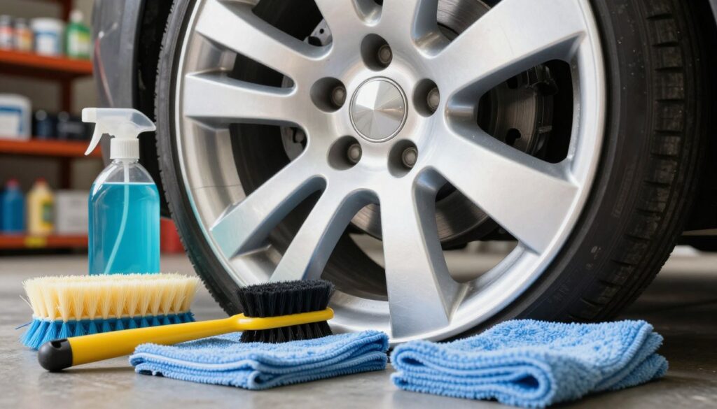 A close-up of a polished aluminum wheel rim under bright, natural light, highlighting meticulous attention to detail in the cleaning process. In the foreground, an assortment of cleaning tools—soft brushes, microfiber cloths, and a gentle cleaning solution—are arranged neatly, emphasizing safe practices for wheel maintenance. The middle ground features the wheel itself, showcasing its shiny surface reflecting the light, while avoiding scratches or damage, symbolizing careful handling. In the background, hints of a garage setting with organized shelves and soft-focus cleaning supplies convey a professional atmosphere. The overall mood is one of cleanliness and care, encouraging the viewer to think about the dos and don'ts of wheel maintenance without any distractions. A close-up of a polished aluminum wheel rim under bright, natural light, highlighting meticulous attention to detail in the cleaning process. In the foreground, an assortment of cleaning tools—soft brushes, microfiber cloths, and a gentle cleaning solution—are arranged neatly, emphasizing safe practices for wheel maintenance. The middle ground features the wheel itself, showcasing its shiny surface reflecting the light, while avoiding scratches or damage, symbolizing careful handling. In the background, hints of a garage setting with organized shelves and soft-focus cleaning supplies convey a professional atmosphere. The overall mood is one of cleanliness and care, encouraging the viewer to think about the dos and don'ts of wheel maintenance without any distractions.