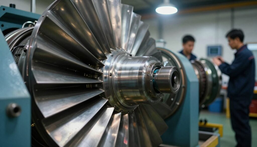 A close-up of a turbine component showing intricate details, including metallic textures and signs of wear. The foreground should focus on the turbine blades, showcasing a vibrant sheen against a backdrop of blurred mechanical tools and a workshop environment. The middle ground features a subtle glow from overhead industrial lights, casting shadows that enhance the mechanical intricacies. In the background, faint silhouettes of technicians in professional attire can be seen, analyzing the turbine with diagnostic tools. The overall mood is one of urgency and technical investigation, capturing the essence of potential issues within the turbine system. The image should have a balanced composition, clear focus on the turbine, and appropriate lighting to highlight the metallic surfaces without harsh glare. A close-up of a turbine component showing intricate details, including metallic textures and signs of wear. The foreground should focus on the turbine blades, showcasing a vibrant sheen against a backdrop of blurred mechanical tools and a workshop environment. The middle ground features a subtle glow from overhead industrial lights, casting shadows that enhance the mechanical intricacies. In the background, faint silhouettes of technicians in professional attire can be seen, analyzing the turbine with diagnostic tools. The overall mood is one of urgency and technical investigation, capturing the essence of potential issues within the turbine system. The image should have a balanced composition, clear focus on the turbine, and appropriate lighting to highlight the metallic surfaces without harsh glare.
