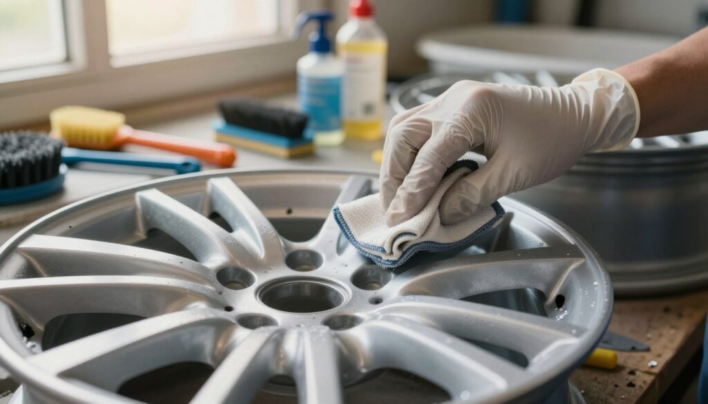 A close-up of aluminum alloy wheels being prepared for protection against salt, dust, and corrosion. In the foreground, focus on a well-lit, partially disassembled wheel with a hand wearing nitrile gloves carefully cleaning its surface using a cloth and cleaning solution. In the middle ground, there are various cleaning tools such as brushes and polishing pads, arranged neatly on a workbench. The background features an organized workshop environment with tools and equipment, bathed in warm, natural light filtering through a window. The mood conveys professionalism and diligence, emphasizing meticulous preparation for the application of protective coatings on the wheels. Ensure the image has a soft focus background to highlight the detailed work on the wheel in the foreground.
