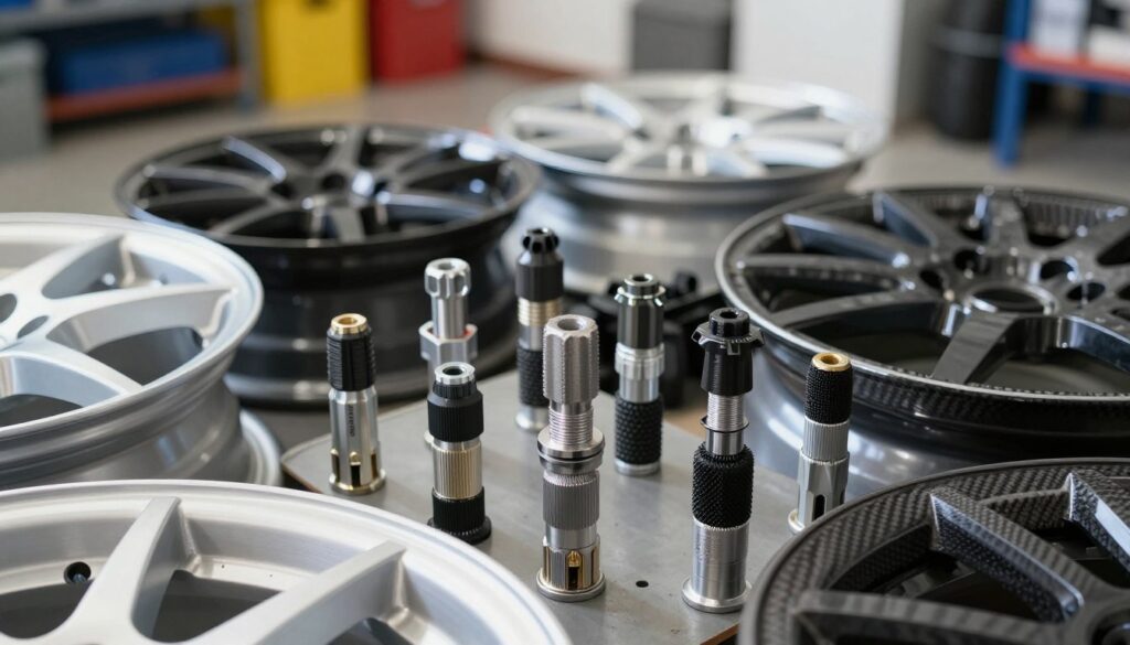 A close-up scene focusing on a selection of different tire valves (wentyle) arranged artfully around various wheel rims (felgi) made of several materials such as aluminum, steel, and carbon fiber. The foreground displays high-detail valve components, showcasing their design and texture, with various angles of attachments. The middle ground features the rims, glistening under bright, natural light to highlight their finishes. The background presents a soft blur of a workshop or garage environment, enhancing the technical atmosphere. Shooting from a slightly elevated angle, the overall mood should be informative and professional, capturing the essence of precision in the automotive industry.