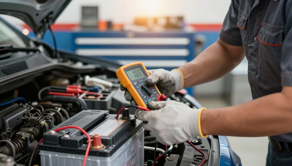 A close-up scene of a mechanic checking a car battery charge, focusing on their hands using a multimeter to test voltage. The mechanic, dressed in a modest short-sleeve shirt and safety gloves, demonstrates careful attention to detail. In the foreground, the battery is visible, with clear labels and terminals. The middle ground features tools neatly arranged in the mechanic's toolbox, indicating a professional workspace. The background shows a garage with soft lighting, casting a warm glow that adds to the atmosphere of diligence and precision. The angle is slightly tilted to create depth, emphasizing the task at hand while maintaining a clean and organized look. The overall mood is one of focus and technical expertise.