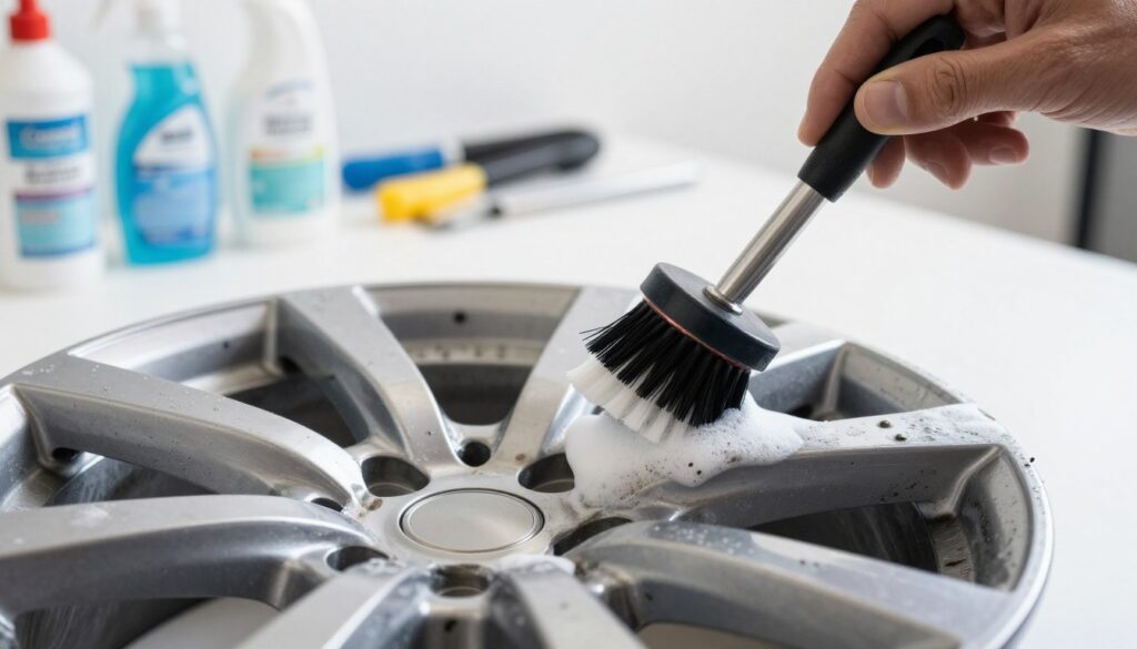 A close-up shot focusing on a set of aluminum alloy wheels being cleaned with a professional-grade cleaning spray. The foreground captures the intricate details of the wheel's design, showcasing the shiny metal and the deep grooves filled with dirt and grime. A professional cleaning brush is in motion, with foam and suds highlighting the cleaning process. The middle ground features a bright, well-lit workspace with soft, diffused lighting, emphasizing a clean and safe atmosphere. In the background, there are neatly arranged bottles of various cleaning products and tools, subtly blurred to maintain focus on the wheels. The overall mood is one of professionalism and precision in automotive care, creating an inviting and informative ambiance. A close-up shot focusing on a set of aluminum alloy wheels being cleaned with a professional-grade cleaning spray. The foreground captures the intricate details of the wheel's design, showcasing the shiny metal and the deep grooves filled with dirt and grime. A professional cleaning brush is in motion, with foam and suds highlighting the cleaning process. The middle ground features a bright, well-lit workspace with soft, diffused lighting, emphasizing a clean and safe atmosphere. In the background, there are neatly arranged bottles of various cleaning products and tools, subtly blurred to maintain focus on the wheels. The overall mood is one of professionalism and precision in automotive care, creating an inviting and informative ambiance.