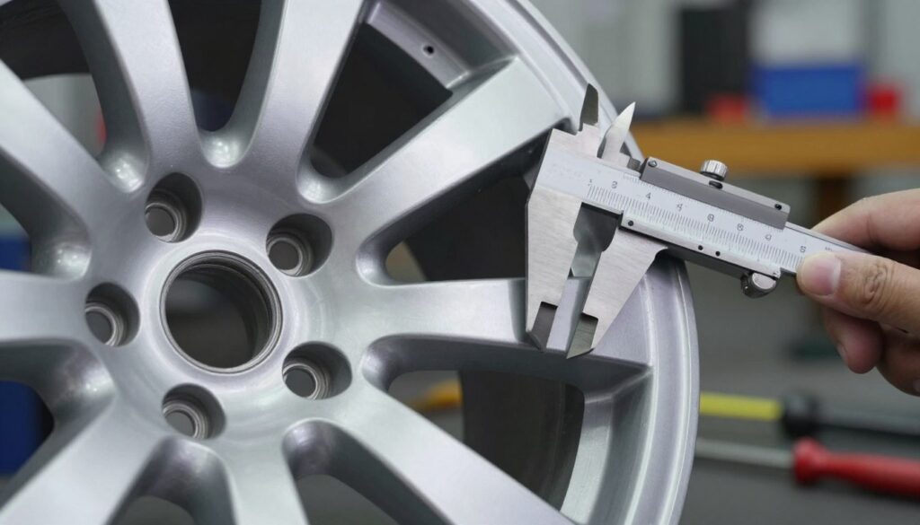 A close-up shot of a high-quality alloy wheel, showcasing the bolt pattern clearly with precision tools like calipers nearby for measuring. The foreground features the wheel at an angle that emphasizes the bolt holes, revealing details like surface texture and shine. The middle ground contains a well-lit, softly blurred caliper illustrating the act of measuring the distance between bolt holes, symbolizing the measurement process. The background is a softly focused workshop setting, hinting at automotive work with tools and parts subtly out of focus to emphasize the main subject. The overall mood is technical and professional, with bright, even lighting to capture every detail. A close-up shot of a high-quality alloy wheel, showcasing the bolt pattern clearly with precision tools like calipers nearby for measuring. The foreground features the wheel at an angle that emphasizes the bolt holes, revealing details like surface texture and shine. The middle ground contains a well-lit, softly blurred caliper illustrating the act of measuring the distance between bolt holes, symbolizing the measurement process. The background is a softly focused workshop setting, hinting at automotive work with tools and parts subtly out of focus to emphasize the main subject. The overall mood is technical and professional, with bright, even lighting to capture every detail.