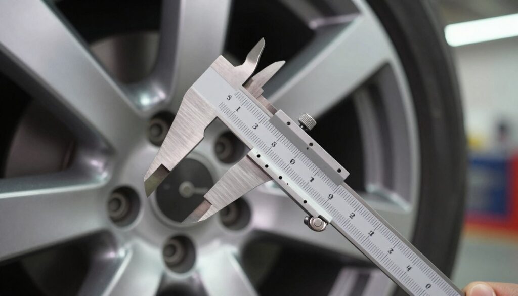 A close-up shot of a measuring tool, such as a caliper or ruler, positioned next to a car wheel with a polished, shiny alloy rim featuring multiple bolt holes. The focus is on the specific distance between the holes, showcasing the precise measurement of the bolt pattern. In the background, a blurred garage setting with soft, ambient lighting that highlights the metallic finish of the wheel, conveying a sense of professionalism and technical expertise. The image is taken from a slightly elevated angle to capture both the measuring tool and the wheel clearly, creating an informative and engaging atmosphere. This composition reflects the technical nature of the task, emphasizing accuracy and careful measurement.