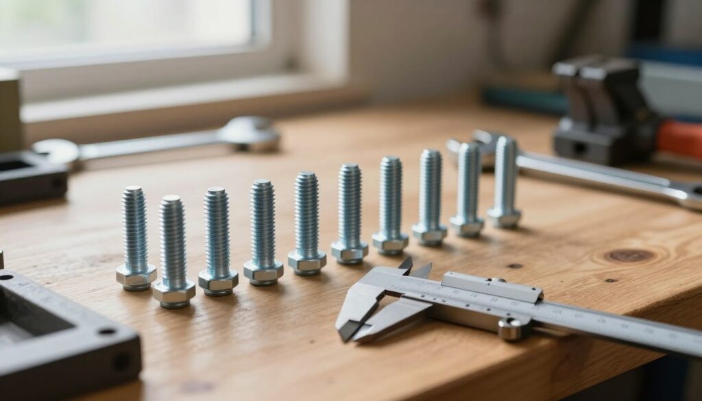 A close-up shot of a set of aluminum wheel bolts displayed on a wooden workbench, arranged neatly to highlight their varying lengths and shapes, emphasizing practical measurement. In the foreground, a precision measuring caliper is shown measuring one of the bolts, reflecting attention to detail. The background features a softly blurred workshop setting with tools like a wrench and a small vice, illuminated by soft, natural light coming from a nearby window, creating a warm and inviting atmosphere. The overall mood is practical and informative, focusing on the importance of selecting the right bolts for aluminum rims, with an emphasis on craftsmanship and measurement accuracy.