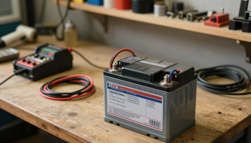 A close-up view of a 12V battery set against a softly illuminated workshop environment, conveying a sense of technical precision. In the foreground, the battery is prominently displayed on a sturdy workbench, with clear labels showing its specifications and connectors. In the middle ground, various charging tools like a battery charger and cables are arranged neatly, hinting at the charging process. The background features shelves lined with tools and parts, slightly blurred to emphasize the battery. Utilize soft, warm lighting to create a focused and inviting atmosphere, captured from a slightly elevated angle to give depth to the scene, evoking a sense of practicality and expertise in battery maintenance. A close-up view of a 12V battery set against a softly illuminated workshop environment, conveying a sense of technical precision. In the foreground, the battery is prominently displayed on a sturdy workbench, with clear labels showing its specifications and connectors. In the middle ground, various charging tools like a battery charger and cables are arranged neatly, hinting at the charging process. The background features shelves lined with tools and parts, slightly blurred to emphasize the battery. Utilize soft, warm lighting to create a focused and inviting atmosphere, captured from a slightly elevated angle to give depth to the scene, evoking a sense of practicality and expertise in battery maintenance.