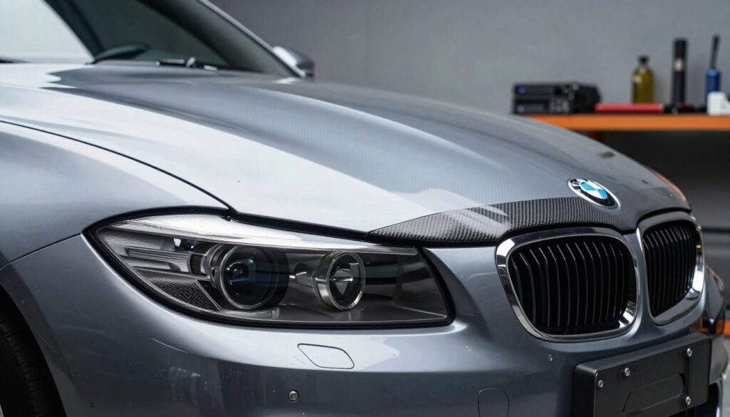 A close-up view of a BMW E90 body kit component, showcasing the high-quality materials used in its construction. Focus on the sleek contours and finishes of the body panel, highlighting textures like carbon fiber, smooth plastics, and polished metal accents. The foreground captures the intricate details of the material grain, emphasizing shine and reflections. In the middle ground, display the body kit fitted on the vehicle, illustrating a modern and sporty aesthetic. The background features a softly lit workshop environment, with tools and other automotive components, creating a professional atmosphere. Use soft, diffused lighting to accentuate the quality of the materials and create a sophisticated mood, shot from a low angle to enhance the visual impact.