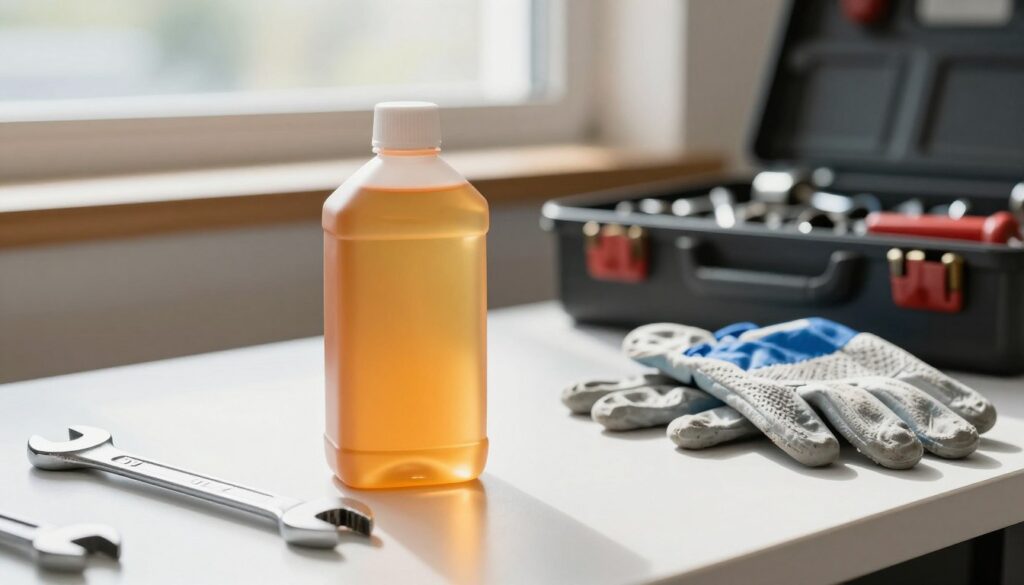 A close-up view of a bottle of brake fluid, showcasing its vibrant, translucent amber color, elegantly placed on a clean, white workshop table. In the foreground, a metallic wrench and a pair of protective gloves are neatly arranged beside the bottle, emphasizing safety precautions. In the middle ground, a faintly blurred mechanic's toolbox filled with various tools hints at a working environment. The background features soft daylight streaming in through a nearby window, creating a warm and inviting atmosphere that promotes a sense of professionalism and care. The composition is shot at a slight angle to add depth, with a shallow depth of field focusing on the brake fluid while subtly softening the background details. A close-up view of a bottle of brake fluid, showcasing its vibrant, translucent amber color, elegantly placed on a clean, white workshop table. In the foreground, a metallic wrench and a pair of protective gloves are neatly arranged beside the bottle, emphasizing safety precautions. In the middle ground, a faintly blurred mechanic's toolbox filled with various tools hints at a working environment. The background features soft daylight streaming in through a nearby window, creating a warm and inviting atmosphere that promotes a sense of professionalism and care. The composition is shot at a slight angle to add depth, with a shallow depth of field focusing on the brake fluid while subtly softening the background details.