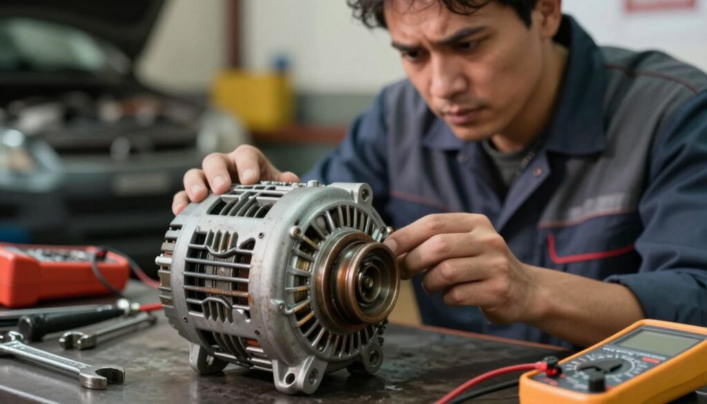 A close-up view of a broken car alternator on a workshop bench, with tools scattered around, including wrenches and a multimeter. In the foreground, the alternator shows visible signs of wear and tear, such as rust and worn bearings. The middle ground features a mechanic in professional attire, examining the alternator with a concerned expression, illuminated by warm, soft lighting. The background includes a blurred workshop setting with car parts and machinery, enhancing the atmosphere of urgency and repair. The overall mood conveys a mixture of frustration and contemplation, emphasizing the risks associated with driving a car that has a malfunctioning alternator. The image should be sharp, with a focus on the alternator and mechanic, captured from a slightly elevated angle to add depth.