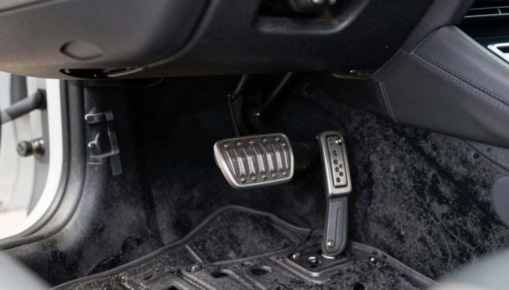A close-up view of a car brake pedal, emphasizing its intricate design and functionality. The foreground showcases the pedal with detailed textures highlighting wear and usage, while the middle ground includes part of the vehicle interior, such as the floor mat and surrounding footwell. In the background, a soft-focus view of the car's dashboard can be seen, adding context to the scene. The lighting is bright yet slightly diffused, creating a clean and professional atmosphere that suggests maintenance work. The camera angle is low, emphasizing the pedal as the central subject, and creating an informative and focused mood perfect for an educational setting.