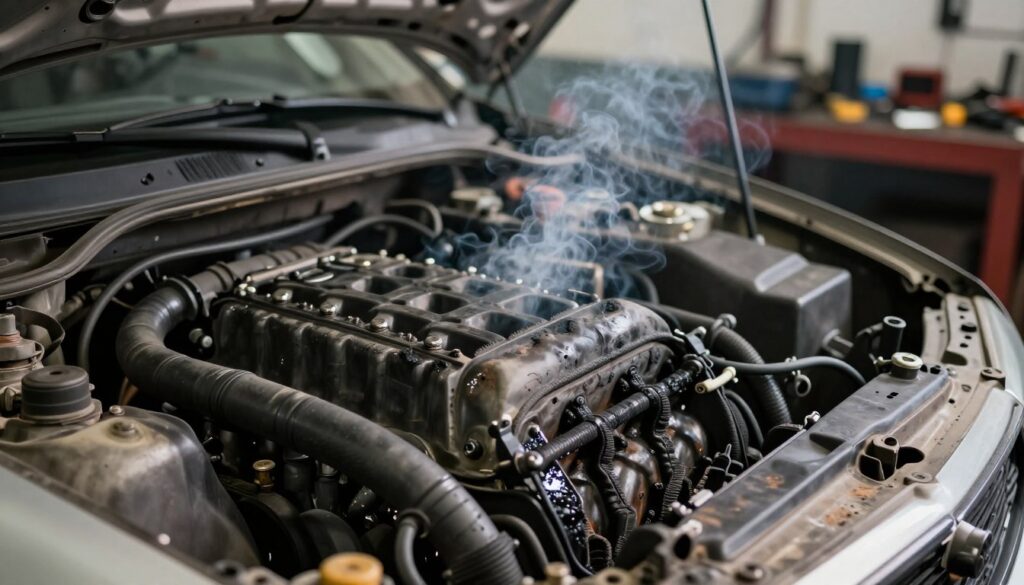 A close-up view of a car engine with visible smoke rising from it, capturing the essence of burnt rubber. In the foreground, focus on charred remnants of rubber components like belts and hoses, glistening slightly in the light. The middle ground features an open car hood revealing intricate engine parts, partially shadowed to highlight the texture of burned materials. The background shows a blurred mechanic’s workshop, filled with tools and faint ambient light, creating a sense of urgency. The overall atmosphere is tense and diagnostic, with warm lighting to emphasize the heat of the burnt rubber. The angle is slightly tilted to give a dynamic feel, encouraging an investigative mood. No people are present in the image. A close-up view of a car engine with visible smoke rising from it, capturing the essence of burnt rubber. In the foreground, focus on charred remnants of rubber components like belts and hoses, glistening slightly in the light. The middle ground features an open car hood revealing intricate engine parts, partially shadowed to highlight the texture of burned materials. The background shows a blurred mechanic’s workshop, filled with tools and faint ambient light, creating a sense of urgency. The overall atmosphere is tense and diagnostic, with warm lighting to emphasize the heat of the burnt rubber. The angle is slightly tilted to give a dynamic feel, encouraging an investigative mood. No people are present in the image.