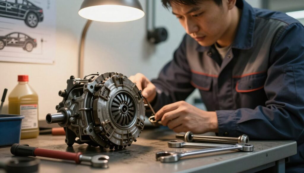 A close-up view of a car mechanic workspace, focusing on a replaced clutch pump and its surrounding tools on a workbench. In the foreground, showcase the detailed clutch pump, with visible wear and tear, alongside tools like wrenches and an oil funnel. In the middle ground, include a mechanic in professional attire examining the pump, illuminated by warm, bright overhead lighting, conveying a sense of diligence and expertise. In the background, partially visible auto parts and diagrams of car mechanisms painted on the wall, enhancing the technical atmosphere. Soft shadows add depth, while a slight blur in the background suggests a busy workshop environment. The overall mood is industrious and informative, ideal for illustrating the process and costs of changing a clutch pump. A close-up view of a car mechanic workspace, focusing on a replaced clutch pump and its surrounding tools on a workbench. In the foreground, showcase the detailed clutch pump, with visible wear and tear, alongside tools like wrenches and an oil funnel. In the middle ground, include a mechanic in professional attire examining the pump, illuminated by warm, bright overhead lighting, conveying a sense of diligence and expertise. In the background, partially visible auto parts and diagrams of car mechanisms painted on the wall, enhancing the technical atmosphere. Soft shadows add depth, while a slight blur in the background suggests a busy workshop environment. The overall mood is industrious and informative, ideal for illustrating the process and costs of changing a clutch pump.