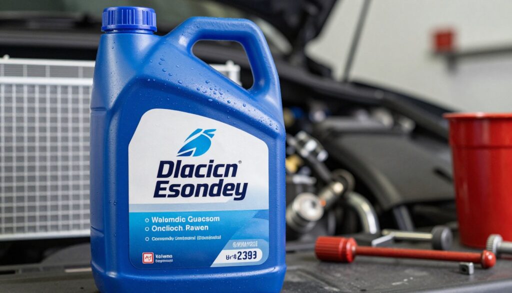 A close-up view of a car radiator fluid bottle, showcasing its vibrant blue color, polished label, and clear markings indicating the recommended use. The foreground features droplets of condensation on the bottle, emphasizing its coolness. In the middle ground, a well-maintained car radiator is partially visible, hinting at functionality. The background includes blurred automotive tools and equipment, creating a workshop atmosphere. Soft, diffused lighting highlights the bottle, casting gentle shadows that add depth to the scene. The overall mood is professional and informative, reflecting the automotive context without distractions. The composition invites viewers to focus solely on the coolant, symbolizing quality and reliability. A close-up view of a car radiator fluid bottle, showcasing its vibrant blue color, polished label, and clear markings indicating the recommended use. The foreground features droplets of condensation on the bottle, emphasizing its coolness. In the middle ground, a well-maintained car radiator is partially visible, hinting at functionality. The background includes blurred automotive tools and equipment, creating a workshop atmosphere. Soft, diffused lighting highlights the bottle, casting gentle shadows that add depth to the scene. The overall mood is professional and informative, reflecting the automotive context without distractions. The composition invites viewers to focus solely on the coolant, symbolizing quality and reliability.