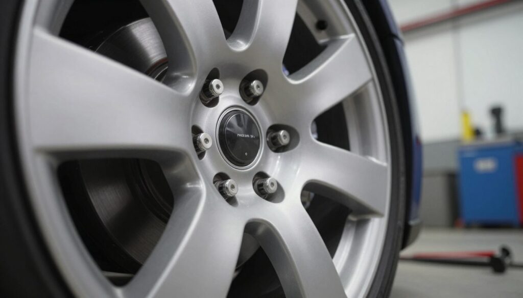 A close-up view of a car wheel rim with detailed focus on the hub area, prominently featuring the bolt pattern (rozstaw śrub) specification. The foreground highlights the intricate metallic texture of the rim, showcasing the shiny finish and the arrangement of the bolts clearly. In the middle ground, ensure the wheel is well-lit, casting soft shadows to emphasize the depth and contours of the rim. The background is a subtle, blurred automotive workshop setting, with clean tools and parts slightly visible, enhancing the professional atmosphere. Capture this scene with a slight tilt-angle perspective to convey dynamic interest, using natural lighting to create an engaging and informative mood. A close-up view of a car wheel rim with detailed focus on the hub area, prominently featuring the bolt pattern (rozstaw śrub) specification. The foreground highlights the intricate metallic texture of the rim, showcasing the shiny finish and the arrangement of the bolts clearly. In the middle ground, ensure the wheel is well-lit, casting soft shadows to emphasize the depth and contours of the rim. The background is a subtle, blurred automotive workshop setting, with clean tools and parts slightly visible, enhancing the professional atmosphere. Capture this scene with a slight tilt-angle perspective to convey dynamic interest, using natural lighting to create an engaging and informative mood.