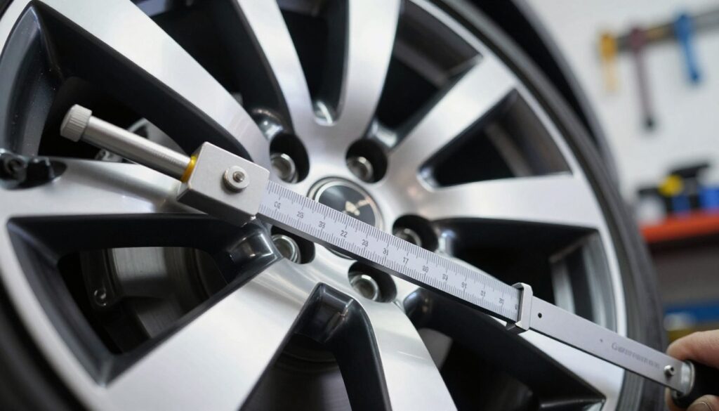 A close-up view of a car wheel with a focus on the bolt pattern. In the foreground, a precision measuring tool is placed against the wheel, showing the measurement of the bolt spacing clearly. The wheel is shiny and modern, with a stylish design that reflects quality craftsmanship. In the middle ground, light reflects off the metallic surface, highlighting the details of the wheel's finish and the measuring tool. In the background, a blurred garage setting with tools hanging on the wall, creating an atmosphere of professionalism and technical expertise. The lighting is bright yet soft, giving a clean and inviting feel to the scene. The angle captures the bolt pattern from slightly above, providing a comprehensive view of the components.