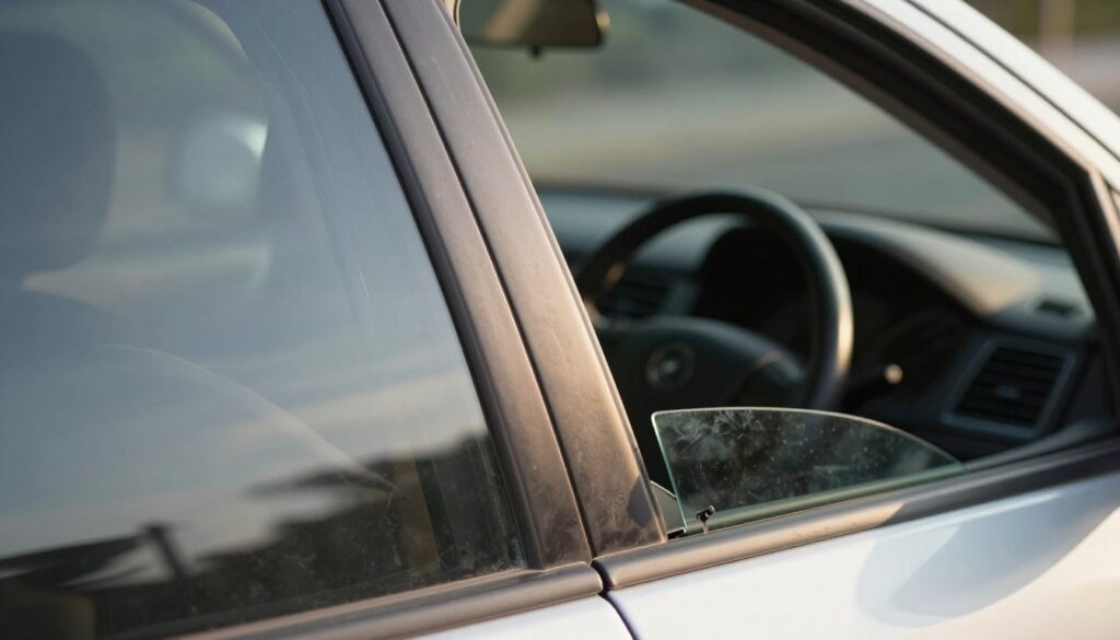A close-up view of a car window partially rolled down, showing a visible gap where the glass has dropped. The focus is on the misalignment of the glass against the frame of the car door, highlighting the wear and tear on the rubber seals. The interior of the car is softly lit, suggesting a late afternoon sun filtering through the windshield, casting gentle shadows. In the background, a blurred view of the car's dashboard can be seen, enhancing the automotive context. The overall atmosphere should convey a sense of frustration and concern, illustrating a common mechanical issue with clarity and detail. The image should capture the essence of a malfunctioning car window without any people or text present.