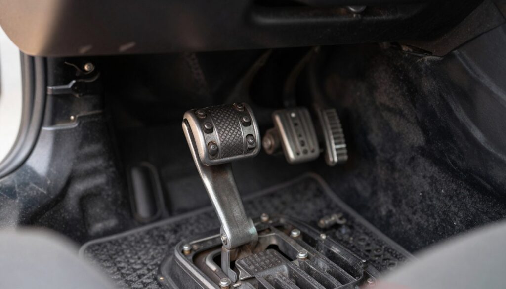 A close-up view of a car's clutch pedal, showcasing intricate details such as the textured surface and the mechanical components visible around it. The foreground features the pedal, with light reflecting off its metallic parts, emphasizing wear and tear that suggests potential issues. In the middle ground, the footwell of the vehicle reveals additional context, including the floor mat and adjoining pedals for an authentic automotive setting. The background remains softly blurred to keep the focus on the clutch pedal, with a natural lighting effect cascading from the driver's side window, creating a warm, introspective atmosphere. The image conveys a sense of caution, highlighting the importance of a well-functioning clutch pedal. A close-up view of a car's clutch pedal, showcasing intricate details such as the textured surface and the mechanical components visible around it. The foreground features the pedal, with light reflecting off its metallic parts, emphasizing wear and tear that suggests potential issues. In the middle ground, the footwell of the vehicle reveals additional context, including the floor mat and adjoining pedals for an authentic automotive setting. The background remains softly blurred to keep the focus on the clutch pedal, with a natural lighting effect cascading from the driver's side window, creating a warm, introspective atmosphere. The image conveys a sense of caution, highlighting the importance of a well-functioning clutch pedal.