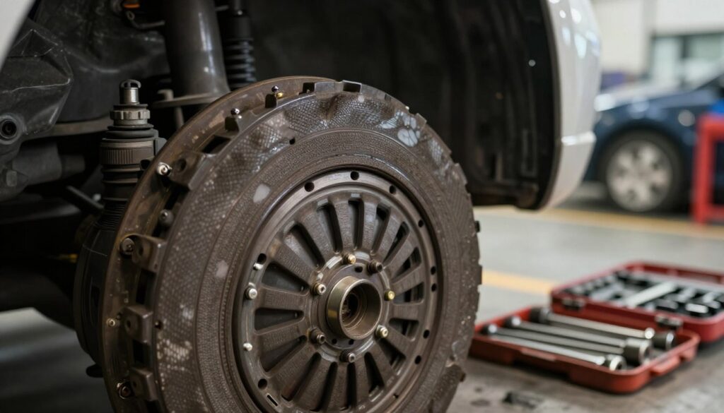 A close-up view of a car's clutch system showing signs of slippage. The foreground features a detailed shot of the clutch disc and pressure plate, combined with visually noticeable wear, such as darkened surfaces and uneven friction material. In the middle ground, a mechanic's tool set is present, highlighting a professional environment. The background includes a glimpse of a car in a garage, illuminated by soft, warm light to convey a sense of urgency and concern about vehicle maintenance. The overall atmosphere is serious and technical, emphasizing the importance of recognizing clutch issues before they worsen. The composition is captured with a shallow depth of field to focus on the clutch components.