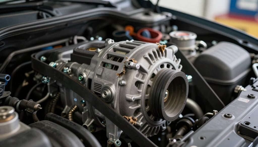 A close-up view of a car's engine bay, focusing on the alternator belt under a gently lifted hood. The belt appears worn and slightly frayed, capturing the cause of a screeching noise on a cold engine. Soft, diffuse lighting illuminates the scene, highlighting the metallic surfaces and the textural details of the engine components. In the background, faint outlines of tools and a garage environment suggest maintenance work in progress. The atmosphere conveys a sense of urgency, reflecting the importance of timely vehicle upkeep. The angle is slightly from above, providing a clear, technical perspective on the belt's condition.