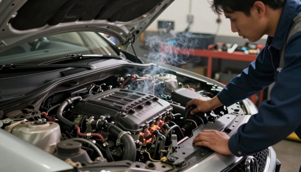 A close-up view of a car’s engine compartment, focusing on the area beneath the hood where faint wisps of smoke rise, indicating overheating. The foreground features a technician in professional attire inspecting the engine, with a concerned expression. In the middle ground, the details of automotive components like wires, belts, and hoses are visible, with subtle heat distortions around the overheating parts. The background shows a blurred garage setting, filled with tools and equipment, under warm, dim lighting that highlights the tension of the situation. The mood is one of urgency and focus, reflecting the importance of vehicle maintenance to prevent failures. A close-up view of a car’s engine compartment, focusing on the area beneath the hood where faint wisps of smoke rise, indicating overheating. The foreground features a technician in professional attire inspecting the engine, with a concerned expression. In the middle ground, the details of automotive components like wires, belts, and hoses are visible, with subtle heat distortions around the overheating parts. The background shows a blurred garage setting, filled with tools and equipment, under warm, dim lighting that highlights the tension of the situation. The mood is one of urgency and focus, reflecting the importance of vehicle maintenance to prevent failures.