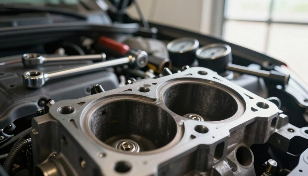 A close-up view of a car's engine head with a focus on the cylinder head gasket. The foreground features the detailed texture of the gasket, showcasing its material, shape, and any signs of wear or damage. In the middle ground, tools such as a torque wrench and a set of gauges are arranged neatly, hinting at a DIY diagnostic process. The background reveals an organized garage environment with soft, natural lighting filtering in from a nearby window, casting gentle shadows. The image captures a thorough, professional atmosphere, illustrating the meticulous nature of home mechanic work. The composition emphasizes clarity and precision, making it ideal for instructional content. A close-up view of a car's engine head with a focus on the cylinder head gasket. The foreground features the detailed texture of the gasket, showcasing its material, shape, and any signs of wear or damage. In the middle ground, tools such as a torque wrench and a set of gauges are arranged neatly, hinting at a DIY diagnostic process. The background reveals an organized garage environment with soft, natural lighting filtering in from a nearby window, casting gentle shadows. The image captures a thorough, professional atmosphere, illustrating the meticulous nature of home mechanic work. The composition emphasizes clarity and precision, making it ideal for instructional content.